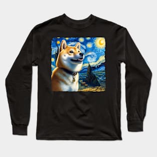 Starry Shiba Inu Dog Portrait - Pet Portrait Long Sleeve T-Shirt